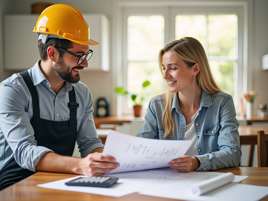 Professional consultation between tradesperson and homeowner reviewing renovation plans